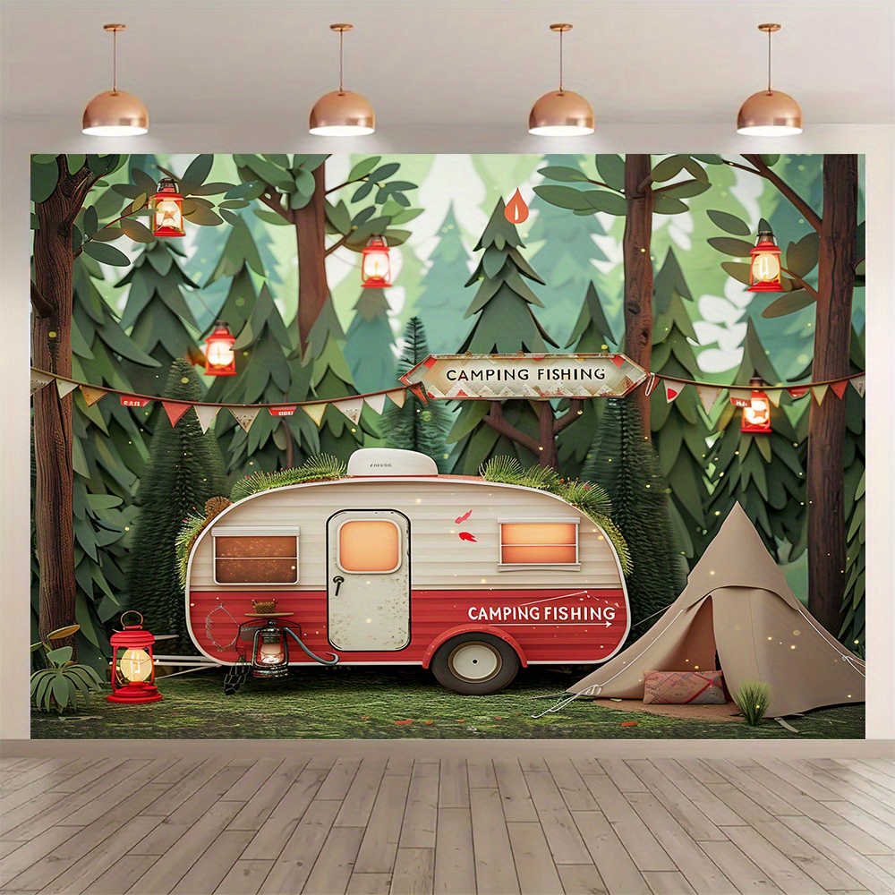 Outdoor Adventure Birthday Party - Polyester Jungle camping theme background banners,