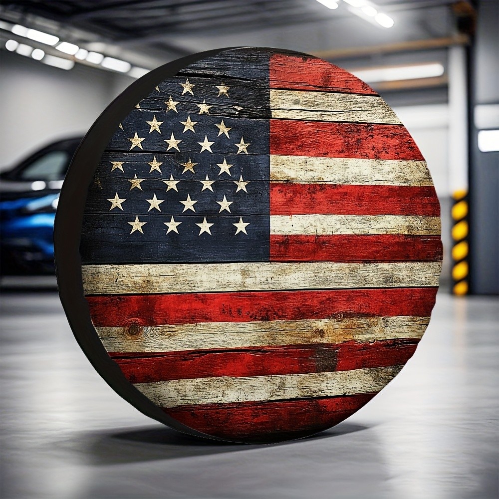 Outdoor Adventure Jeep - Rustic American Flag Tire Cover Polyester